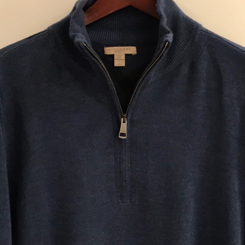 Blue Burberry Quarter Zip Wool Sweater